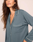 Model is wearing Gisele TENCEL™ Modal Long PJ Set in Stone Blue/Ivory