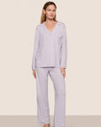 Model is wearing Gisele TENCEL™ Modal Long PJ Set in Thistle/Ivory