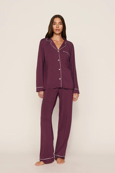 Model is wearing Gisele TENCEL™ Modal Long PJ Set in Wildberry/Ivory