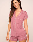 Model is wearing Gisele TENCEL™ Modal Shortie Short PJ Set in Berry Blush/Ivory