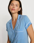 Model is wearing Gisele TENCEL™ Modal Shortie Short PJ Set in Summer Blue/White