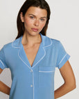 Model is wearing Gisele TENCEL™ Modal Shortie Short PJ Set in Summer Blue/White