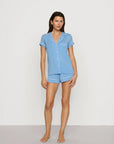Model is wearing Gisele TENCEL™ Modal Shortie Short PJ Set in Summer Blue/White