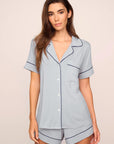 Model is wearing Gisele TENCEL™ Modal Relaxed Short PJ Set in Gray Dawn/Navy
