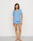 Model is wearing Gisele TENCEL™ Modal Shortie Short PJ Set in Summer Blue/White