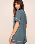 Model is wearing Gisele TENCEL™ Modal Relaxed Short PJ Set in Stone Blue/Ivory