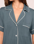 Model is wearing Gisele TENCEL™ Modal Relaxed Short PJ Set in Stone Blue/Ivory