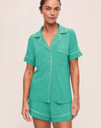 Model is wearing Gisele TENCEL™ Modal Relaxed Short PJ Set in Oasis Green/White
