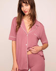 Model is wearing Gisele TENCEL™ Modal Short Sleeve & Pant PJ Set in Berry Blush/Ivory
