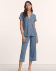 Model is wearing Gisele TENCEL™ Modal Short Sleeve Cropped PJ Set in Slate Blue/Ivory