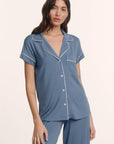 Model is wearing Gisele TENCEL™ Modal Short Sleeve Cropped PJ Set in Slate Blue/Ivory