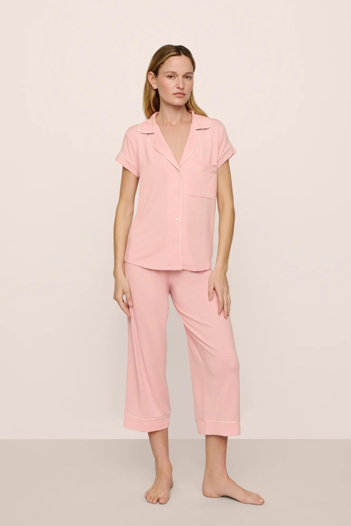 Model is wearing Gisele TENCEL™ Modal Short Sleeve Cropped PJ Set in  Silver Pink/Ivory