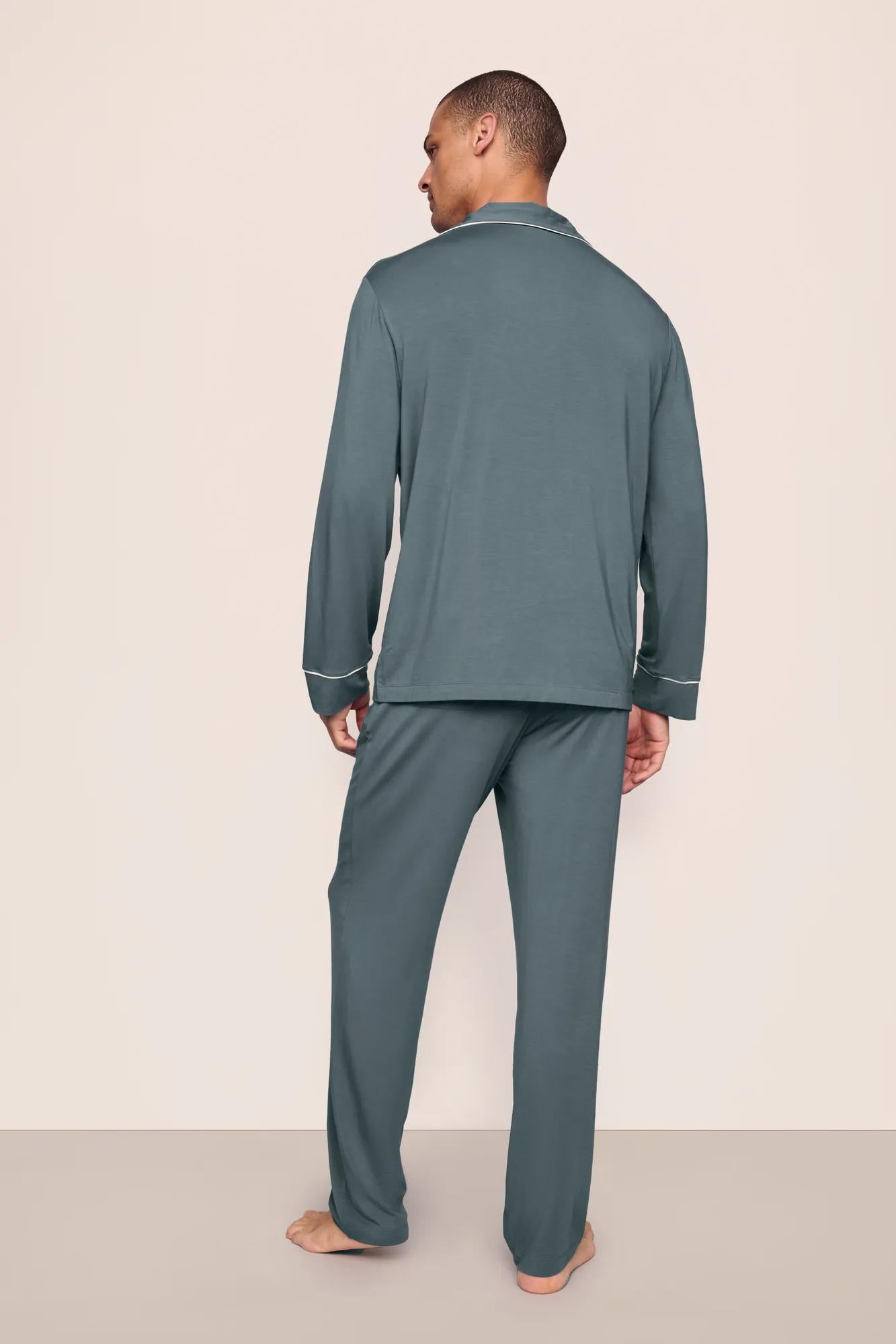 Model is wearing William TENCEL™ Modal Long PJ Set  in  Stone Blue/Ivory