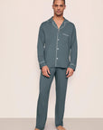 Model is wearing William TENCEL™ Modal Long PJ Set in Stone Blue/Ivory