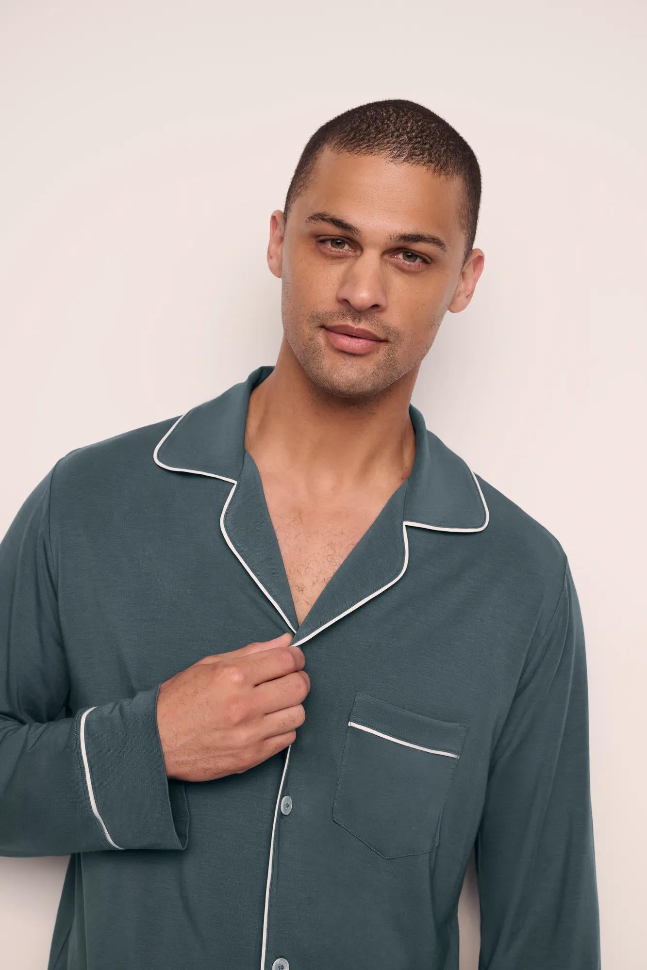 Model is wearing William TENCEL™ Modal Long PJ Set  in  Stone Blue/Ivory