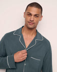 Model is wearing William TENCEL™ Modal Long PJ Set in Stone Blue/Ivory