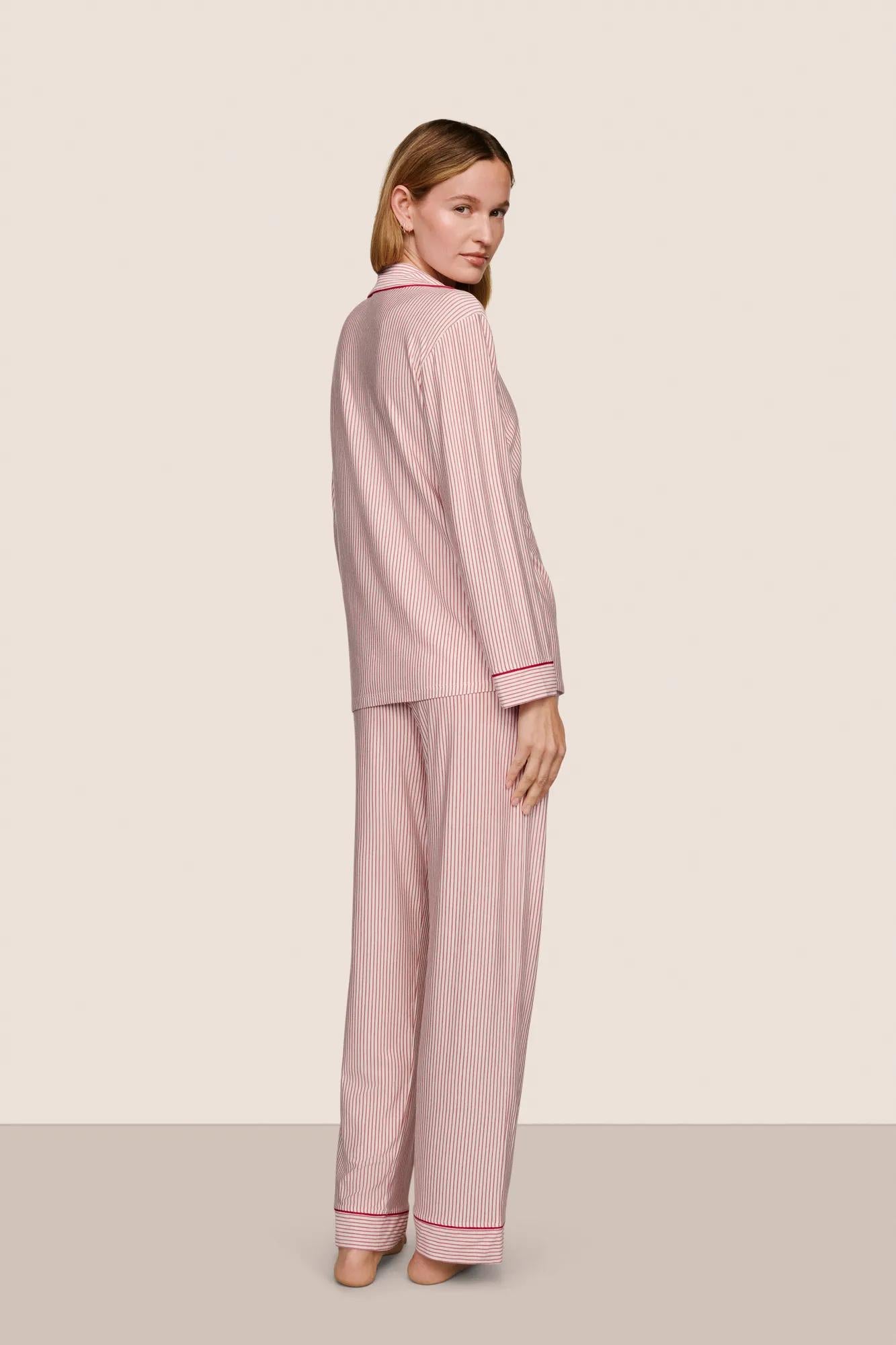 Model is wearing Gisele Printed TENCEL™ Modal Long PJ Set  in Duo Stripe Hollyred/Hollyred