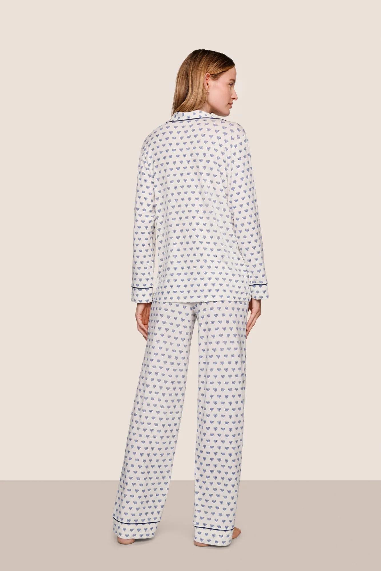 Model is wearing Gisele Printed TENCEL™ Modal Long PJ Set  in Hannukah Glow Nouvean Navy/Ny