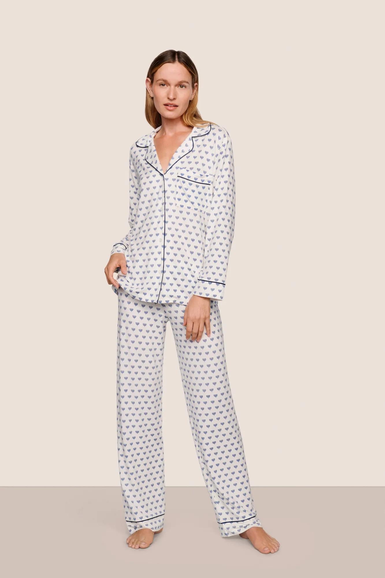 Model is wearing Gisele Printed TENCEL™ Modal Long PJ Set  in Hannukah Glow Nouvean Navy/Ny