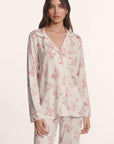 Model is wearing Gisele Printed TENCEL™ Modal Long PJ Set in Rose Garden Cameo Pink/Pale Pi