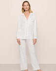 Model is wearing Gisele Printed TENCEL™ Modal Long PJ Set in SummerDaisyWhite/PaleMauve