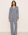 Model is wearing Gisele Printed TENCEL™ Modal Long PJ Set in Seashell Navy/Navy
