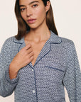 Model is wearing Gisele Printed TENCEL™ Modal Long PJ Set in Seashell Navy/Navy