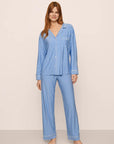 Model is wearing Gisele Printed TENCEL™ Modal Long PJ Set in Nordic Stripes Vista Blue/Iv