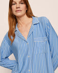 Model is wearing Gisele Printed TENCEL™ Modal Long PJ Set in Nordic Stripes Vista Blue/Iv