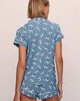 Model is wearing Gisele Printed TENCEL™ Modal Shortie Short PJ Set in  Dalmatian Faded Denim/Ivory