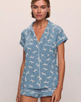 Model is wearing Gisele Printed TENCEL™ Modal Shortie Short PJ Set in  Dalmatian Faded Denim/Ivory