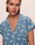 Model is wearing Gisele Printed TENCEL™ Modal Shortie Short PJ Set in  Dalmatian Faded Denim/Ivory