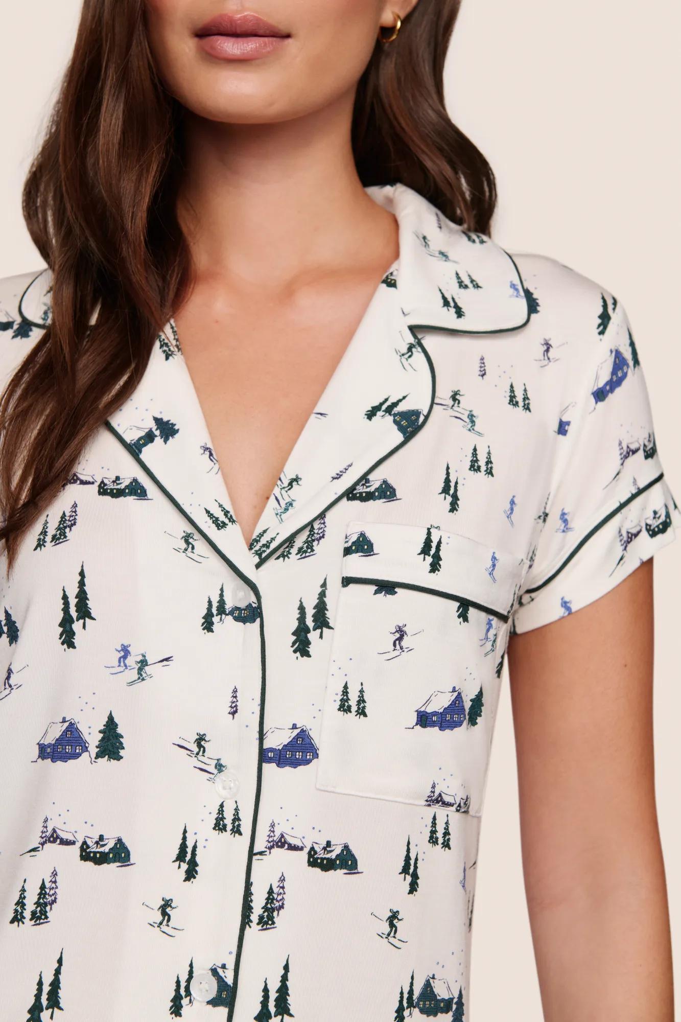 Model is wearing Gisele Printed TENCEL™ Modal Shortie Short PJ Set  in Ski Chalet Ivory/Pine