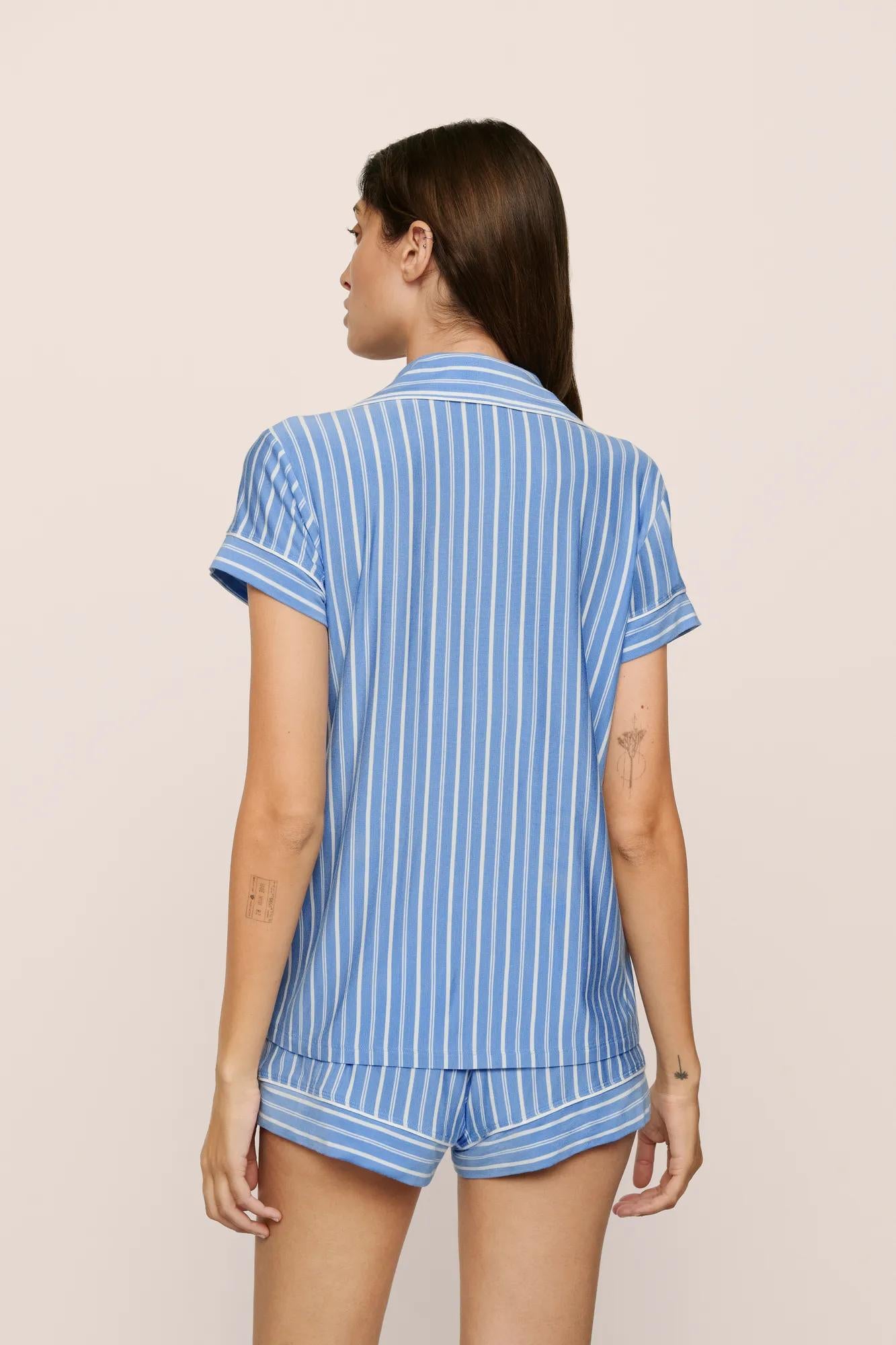 Model is wearing Gisele Printed TENCEL™ Modal Shortie Short PJ Set in  Nordic Stripes Vista Blue/Iv