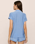Model is wearing Gisele Printed TENCEL™ Modal Shortie Short PJ Set in Nordic Stripes Vista Blue/Iv