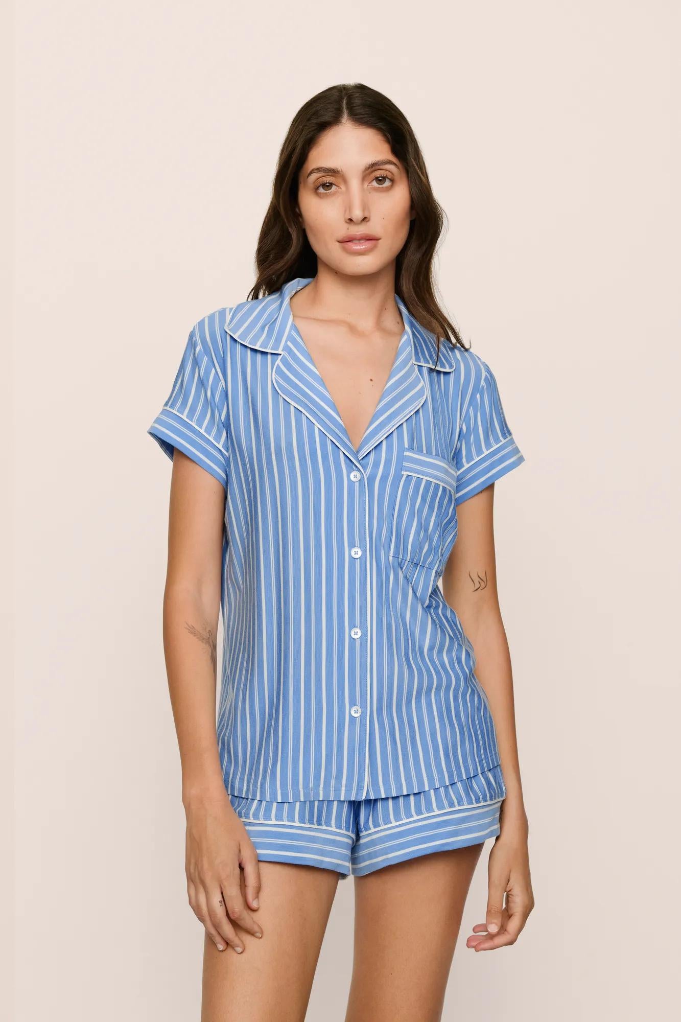 Model is wearing Gisele Printed TENCEL™ Modal Shortie Short PJ Set in  Nordic Stripes Vista Blue/Iv