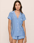 Model is wearing Gisele Printed TENCEL™ Modal Shortie Short PJ Set in Nordic Stripes Vista Blue/Iv