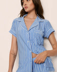Model is wearing Gisele Printed TENCEL™ Modal Shortie Short PJ Set in Nordic Stripes Vista Blue/Iv