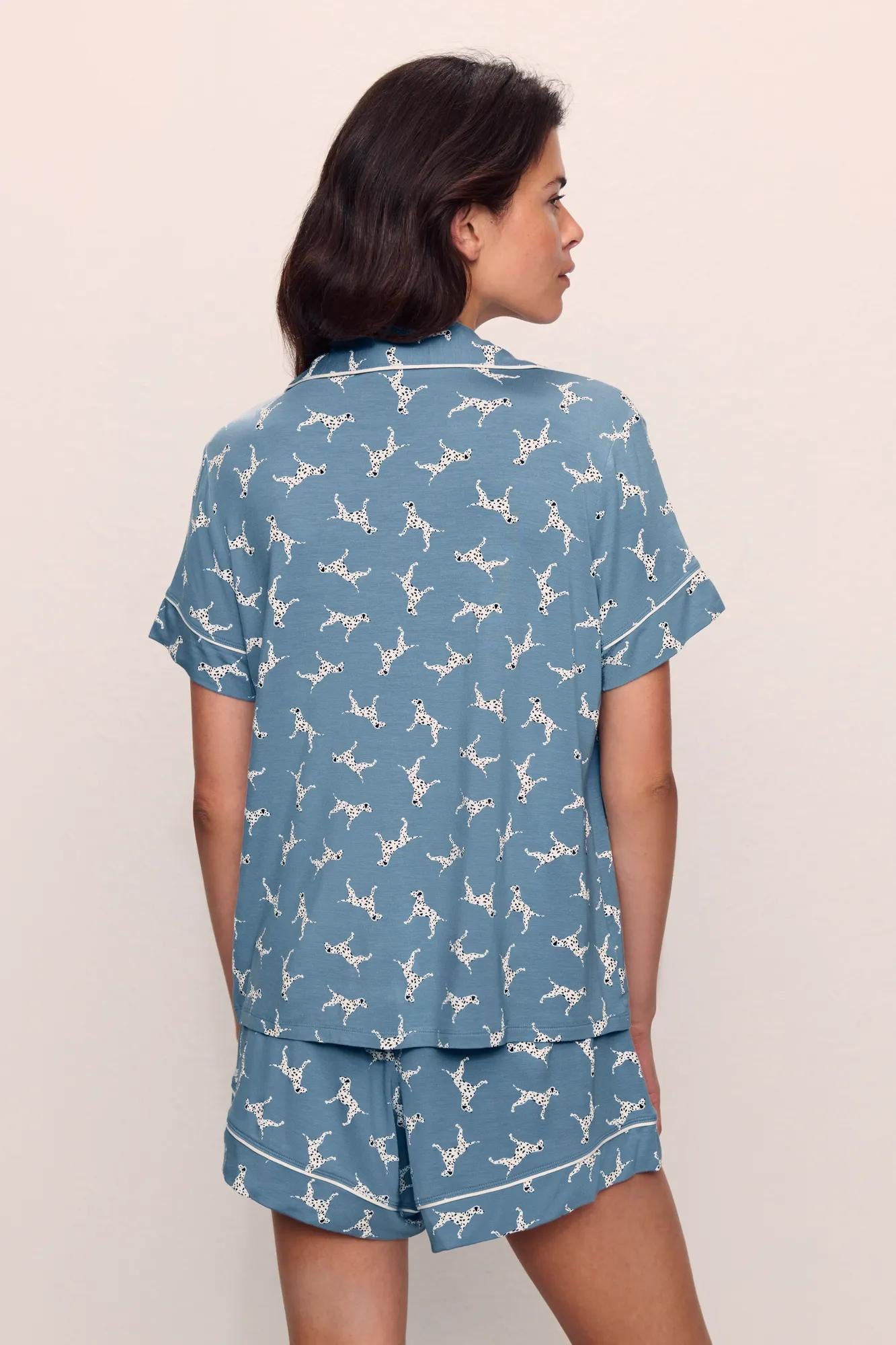 Model is wearing Gisele Printed TENCEL™ Modal Relaxed Short PJ Set in Dalmatian Faded Denim/Ivory