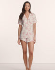 Model is wearing Gisele Printed TENCEL™ Modal Relaxed Short PJ Set in Rose Garden Cameo Pink/Pale Pi