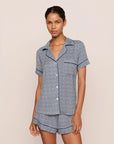 Model is wearing Gisele Printed TENCEL™ Modal Relaxed Short PJ Set in Seashell Navy/Navy