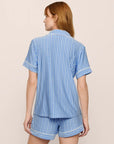 Model is wearing Gisele Printed TENCEL™ Modal Relaxed Short PJ Set in Nordic Stripes Vista Blue/Iv