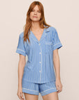 Model is wearing Gisele Printed TENCEL™ Modal Relaxed Short PJ Set in Nordic Stripes Vista Blue/Iv