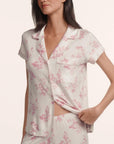 Model is wearing Gisele Printed TENCEL™ Modal Short Sleeve Cropped PJ Set in Rose Garden Cameo Pink/Pale Pi