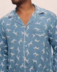 Model is wearing William Printed TENCEL™ Modal Long PJ Set in Dalmatian Faded Denim/Ivory