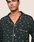 Model is wearing William Printed TENCEL™ Modal Long PJ Set in Holiday Dogs Pine/Ivory