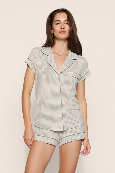 Model is wearing Gisele Printed TENCEL™ Modal Shortie Short PJ Set in Geo Mod Desert Sage/Desert Sag
