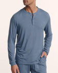 Model is wearing Henry TENCEL™ Modal Short Sleeve & Pant PJ Set in Slate Blue