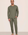 Model is wearing Henry TENCEL™ Modal Long PJ Set in Smokey Olive