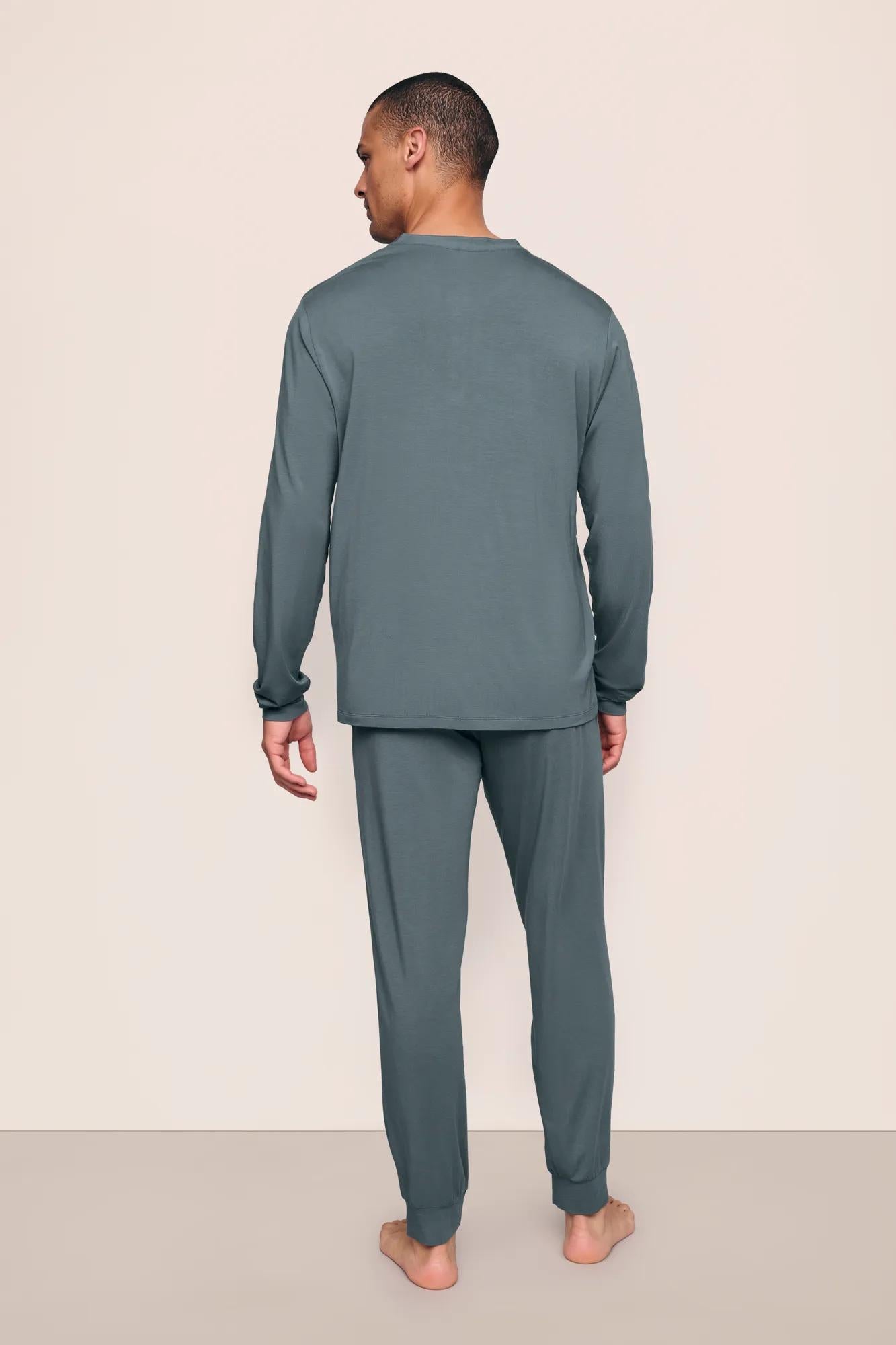 Model is wearing Henry TENCEL™ Modal Long PJ Set in Stone Blue